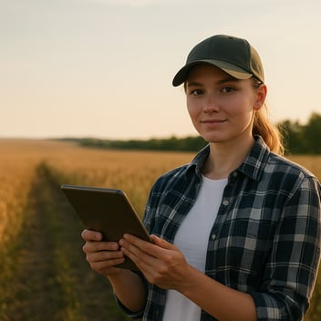 Agricultor registrando datos en el campo con tablet o móvil, representando el uso del Cuaderno de Campo Digital SIEX.