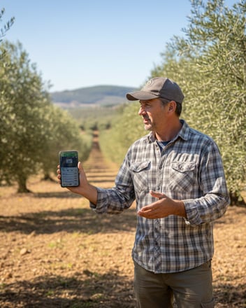 agricultor em olival utilizando demonstrando software Wisecrop no seu smartphone