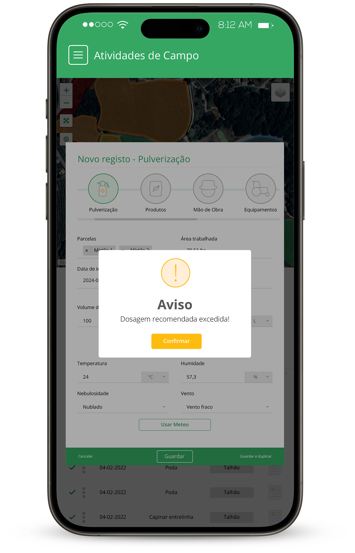 Alerta de dosagem para caderno de campo digital